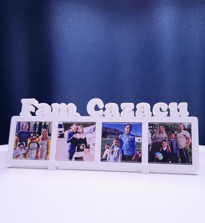 Ramă foto personalizată cu nume de familie si 4 fotomagneți personalizați.